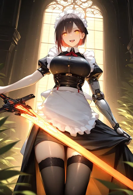 masterpiece, best quality, amazing quality, very aesthetic, absurdres,<lora:RLI(noobai)0.1v:1>, lens flare, light particles, cinematic, extremely exquisite female facial description, year 2023,blurry foreground, ray tracing, cinematic lighting, 1girl, solo, looking at viewer, smile, open mouth, short hair, brown hair, black hair, dress, thighhighs, holding, weapon, red hair, teeth, black thighhighs, sword, holding weapon, black dress, apron, orange eyes, maid, maid headdress, glowing, holding sword, from below, glowing eyes, maid apron, mechanical arms, cyborg, single mechanical arm, glowing weapon, glowing sword, blurry foreground, leaves,