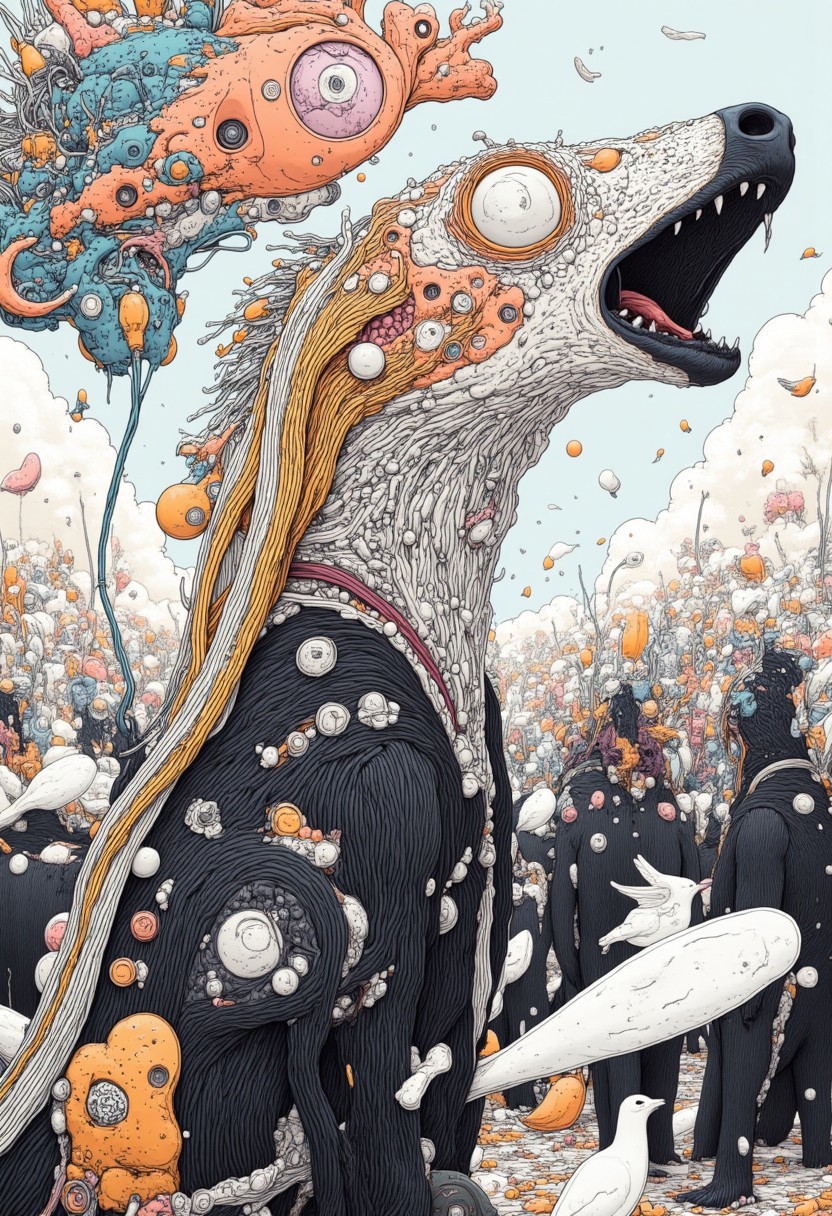 A vibrant and emotional close-up illustration of the Shadows Country, where everything is black and white. The environment is surreal—battlefields where savage hordes led by ruthless mythological creatures clash.. The drawing technique is warm and hand-drawn, using delicate ink outlines and soft watercolor washes to evoke the charm of a children's book illustration, while the framing emphasizes vibrant natural light emphasized by small touches of neon colors