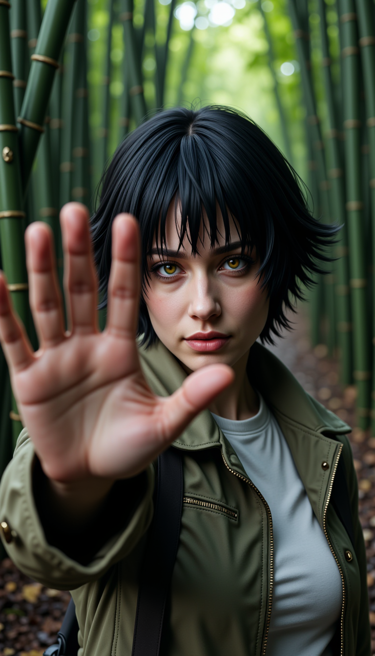 A hyper realistic photorealistic professional photography of a serious 30 year old c45u4l4de woman. She is in a intergalactic market background. (full body shot:0.6) Standing with one hand extended, creating a barrier.
She has black messy short and wide hair, and her left eye is (green:0.4) while her right eye is (orange:0.4) as she has heterochromia and heterochromic eyes. She is doing a proud expression. (She also has a slight faded scar going across her nose.:0.3). She is wearing outdoors clothes.
She is in a bamboo forest background.
