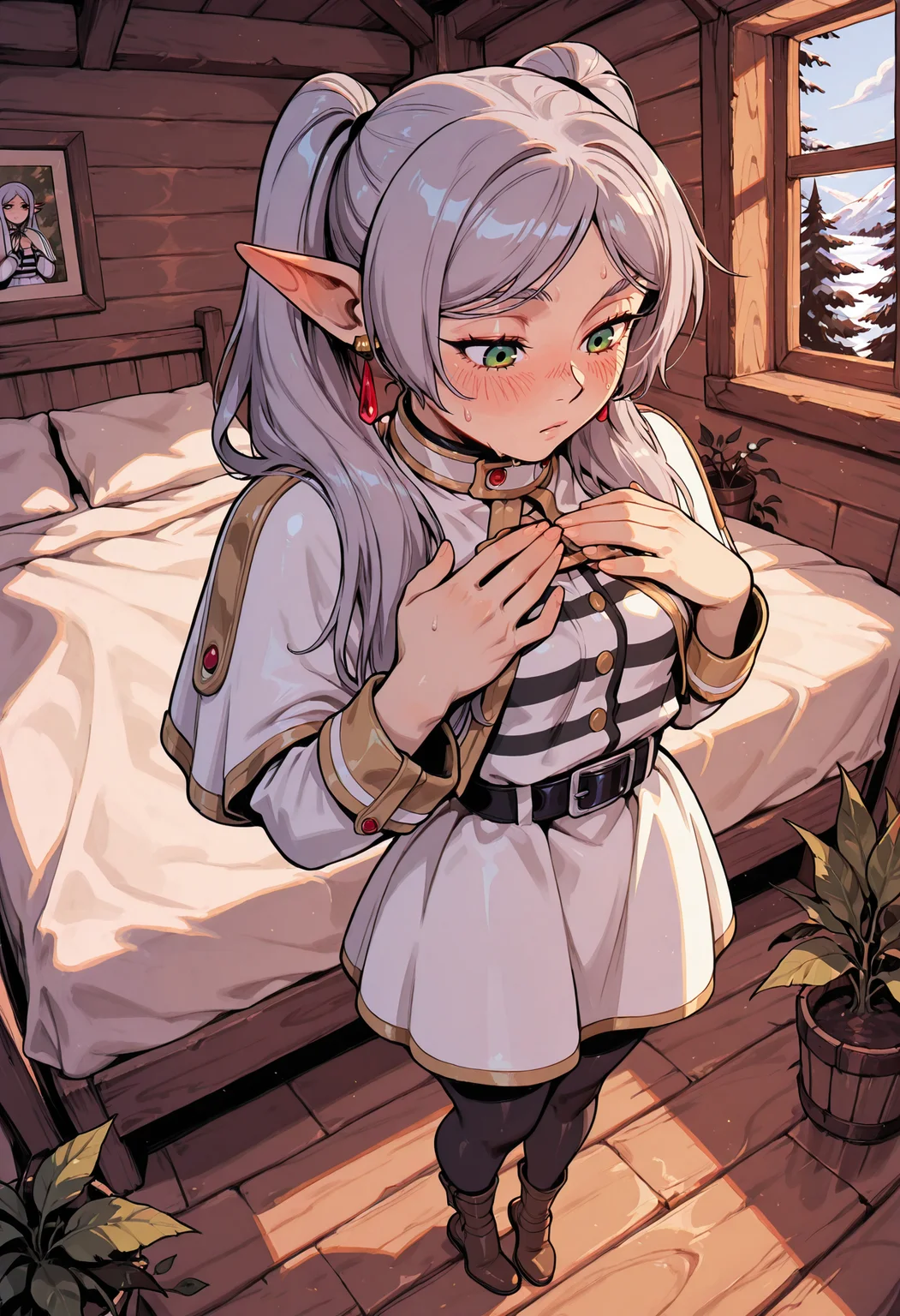 score_9, score_8_up, score_7_up, masterpiece, best quality, very aesthetic, detailed face, (dynamic:1.2), stylized, illustration, dynamic pose, <lora:SousouNoFrieren_Frieren_IlluXL:1> grey hair, long hair, green eyes, twintails, parted bangs, earrings, pointy ears, FrierenCasual, striped shirt, white capelet, black belt, white skirt, long sleeves, black pantyhose, nsfw, small breasts, hands on own chest, in the style of cksc, incoth, (incase:0.5), perspective, full body, bedroom, <lora:incoth:0.3> <lora:ck-shadow-circuit-IL:0.5>, <lora:TrendCraft_The_Peoples_Style_Detailer-v2.3I-4_16_2025-Illustrious:0.3>, <lora:Smooth_Booster_v3:0.2>, <lora:rias_gremory_ilxl_v1:1>, cozy cabin, wood cabin, window, plants, bed, subtle blush, looking at own breasts, looking down, standing, jealousy, envy, sweat drop