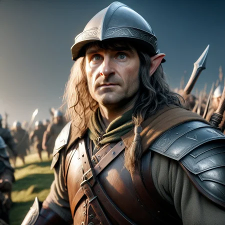 cinematic, shadowofwarstyle, cinematic angle, portrait of a hobbit, wearing a helmet and armor, preparing to go to war, high quality, 4k,