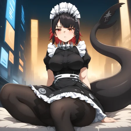 score_9, score_8_up, score_7_up,masterpiece, high quality,1girl,ellen joe,maid dress,maid headdress,black dress,wrist cuffs,puffy short sleeves,frilled dress,black pantyhose,medium breasts,shark tail,sitting pose