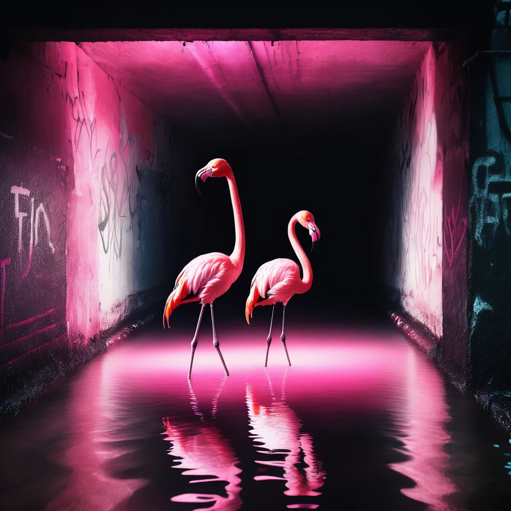 photo of a pink flamingo rising from the water in a scary flooded tunnel with brakish water in it, <lora:UrbanGraffiti:1>, UrbanGraffiti , cinematic light, (masterpiece:1.3), (intricate:1), best quality, horror scene, dark