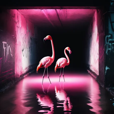 photo of a pink flamingo rising from the water in a scary flooded tunnel with brakish water in it, <lora:UrbanGraffiti:1>, UrbanGraffiti , cinematic light, (masterpiece:1.3), (intricate:1), best quality, horror scene, dark