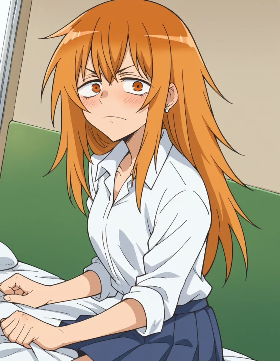 score_9, score_8_up, score_7_up, source_anime,
makigamou, <lora:maki-gamou-s1s2-ponyxl-lora-nochekaiser:1>,
maki gamou, long hair, orange hair, orange eyes, sanpaku,
skirt, shirt, jewelry, school uniform, white shirt, pleated skirt, earrings, blue skirt,
indoors, bed, bed room, on side, blush, drunk,
looking at viewer, cowboy shot, solo, dutch angle,