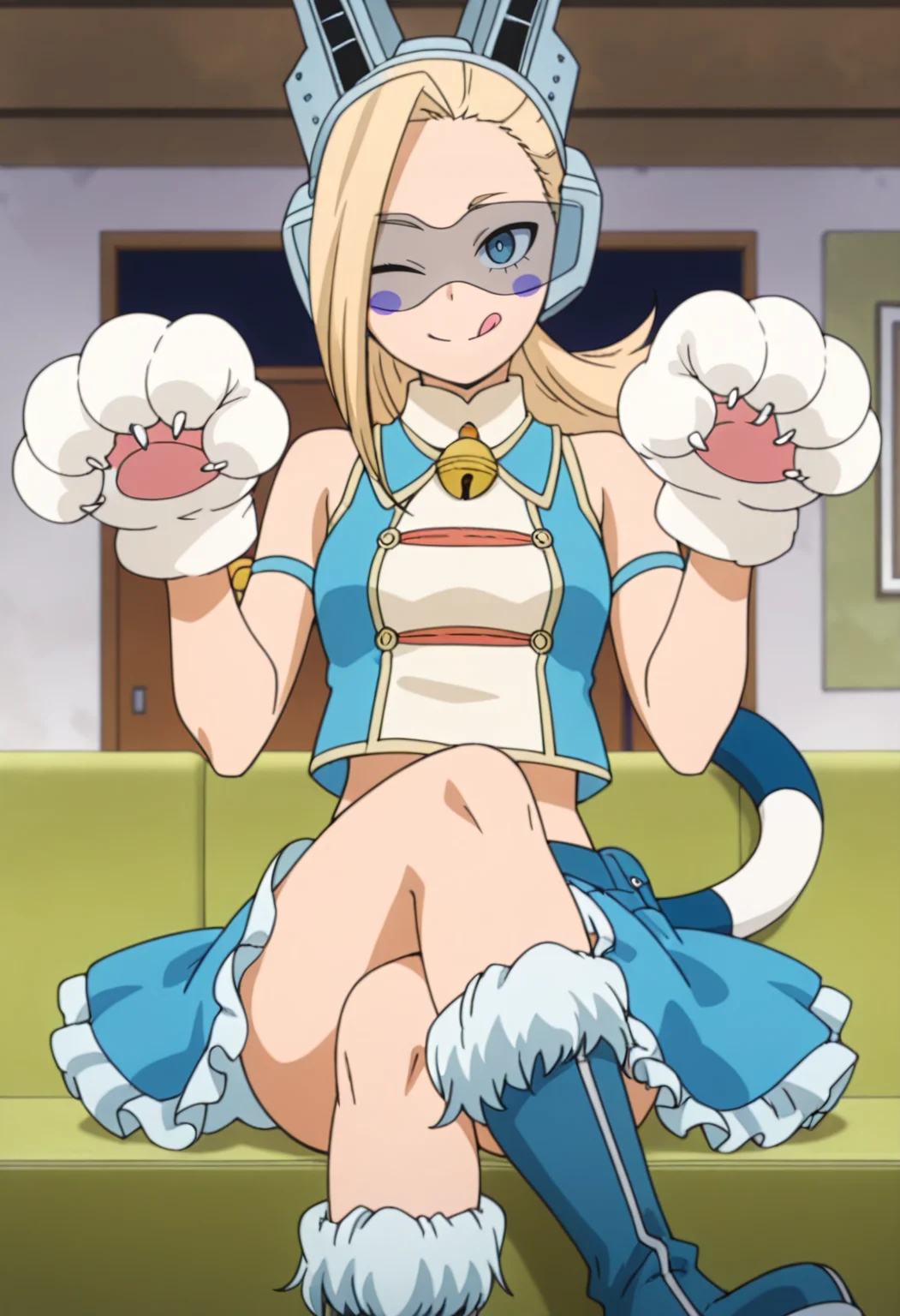 absurdres, masterpiece, best quality, very aesthetic, 1girl, p1x13, blonde hair, long hair, blue eyes, herooutfit, crop top, collared shirt, bare shoulders, bell, armband, headgear, head mounted display, blue skirt, frilled skirt, blue boots, fur-trimmed boots, cat tail, blush stickers, paw gloves, looking at viewer, indoors, crossed legs, tongue out, closed mouth, smile, paw pose, one eye closed, anime screencap, solo, <lora:Pixie_Bob-My_Hero_Academia-ilibibu-IL-v1:1>