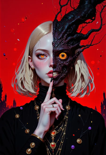weibo, drawing, illustration retro 90's, black, red, purple, Hans Ruedi Giger, A dark, surreal illustration captured from a low-angle, close-up face perspective, emphasizing the terrifying features of a dramatic, ultra-realistic digital painting of a surreal portrait of a young girl with shoulder-length blonde hair split into two distinct halves. One side of her face is human, with sharp, yellow, glowing eyes and a calm, mysterious expression. The other half transforms into a dark, grotesque, fuzzy creature with sharp teeth, a single spiral eye, and fur-like textures. The girl raises a finger to her lips in a 'shushing' gesture, blending eerie innocence with horror. She wears a black gothic outfit with intricate gold details, including buttons and a heart-shaped emblem on the collar. The background is a vibrant red, creating an intense contrast with the black elements of the composition, while small heart motifs add a surreal, haunting charm. This composition blends horror and surrealism, with sharp, anime-inspired details capturing a nightmarish and oppressive atmosphere. featured on pixiv, surreal_horror, closeup_face, low_angle, glowing_eyes, dual_persona, blonde_hair, glowing_yellow_eyes, grotesque_creature, gothic_clothing, surreal_horror, nightmare_aesthetic, anime_style, ominous_mood, chaotic_detail, menacing_perspective, mystical_portrait, red_background, surrealism, mystical_energy, high_contrast_art. A digital artwork in the style of bladerunner. fix hand,