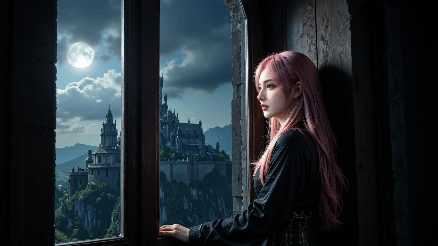 dark gothic style,close-up shot from outside the window,focusing on a long pink wavy haired woman with green eyes wearing a dark,ornate gothic robe,opening the heavy wooden window,the moonlight illuminating her pale skin and dark hair,dark storm clouds swirling in the sky,a towering gothic castle looming behind her,faint light flickering from inside,heavy shadows cast on her figure.,<lora:yuukananri-base-02-flux:0.8>,yuukananri,she has a slender physique and a petite build,<lora:klordoftherings-01:0.6>,klordoftherings,