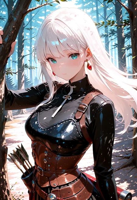 lazypos, 1girl, beautiful, white hair, long hair, bangs, fair skin, medium breasts, leather armor, Quiver on back, forest, dappled sunlight, upper body, looking at viewer, anime-art, breasts leather armor, earrings, arrows in quiver, bow, archer, leather old shirt, dynamic angle, dust, crouching on tree branch, aiming by bow,
