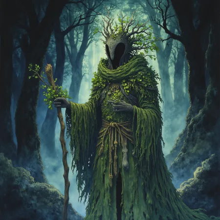 Studio Ghibli Dark Fairytale, The image is a digital illustration of a mythical creature standing in a dark and eerie forest. The creature appears to be a tall slender figure with a large head and a pointed nose. It is covered in green moss and has a large tree trunk that extends from its base. The tree trunk is twisted and gnarled giving it an eerie and eerie appearance. The figure is holding a staff with a bunch of green leaves in its hand. The staff is wrapped in a thick green cloth and is tied with a rope. The background is filled with tall dark trees and rocks creating a sense of depth and mystery. The overall mood of the image is dark and foreboding., holding, solo, staff, holding staff, standing, torn clothes, hood, tree, robe, cloak