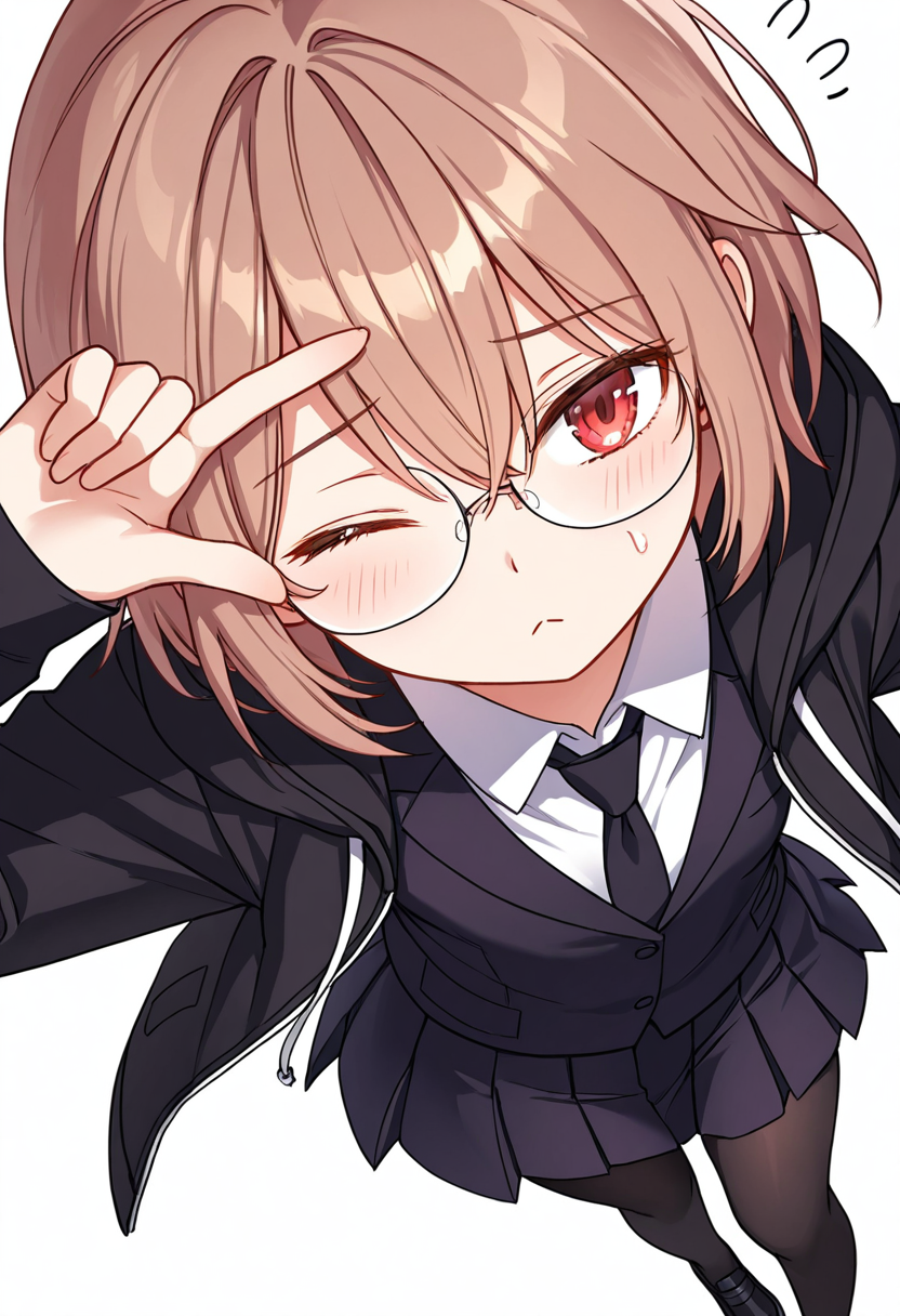 Smooth Quality,masterpiece,very intricate, high quality details, ultra realistic, high detailed skin,detailed enviorement,absurdres,
simple background, white background, dancing,skindentation, solo,front view,v over eye,
 <lora:Young-Joo_CNR:0.8> young_joo_cnr, 1girl, brown hair, short hair, red eyes, glasses, young_juniform_cnr, school uniform, black jacket, white shirt, collared shirt, black necktie,coat hoodie, pleated skirt,black pantyhose, black footwear,, nervous,, ;<,