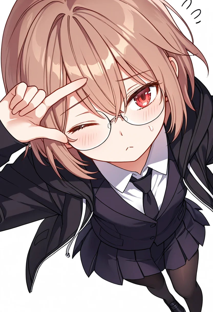 Smooth Quality,masterpiece,very intricate, high quality details, ultra realistic, high detailed skin,detailed enviorement,absurdres,
simple background, white background, dancing,skindentation, solo,front view,v over eye,
 <lora:Young-Joo_CNR:0.8> young_joo_cnr, 1girl, brown hair, short hair, red eyes, glasses, young_juniform_cnr, school uniform, black jacket, white shirt, collared shirt, black necktie,coat hoodie, pleated skirt,black pantyhose, black footwear,, nervous,, ;<,