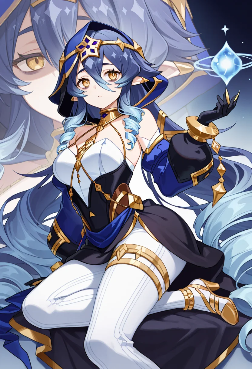 masterpiece,high quality details, absurdres,
projected inset,
<lora:Layla:0.8>
layla_cnr, 1girl, blue hair,very long hair, twin drills, drill locks, pointy ears, yellow eyes, hair between eyes, sidelocks,medium breasts,bags under eyes,
hood up, dress, detached sleeves,puffy long sleeves,bare shoulders,black gloves, thighlet,claw ring,gold choker, gold trim,high heels, white pants,, envy,envy,