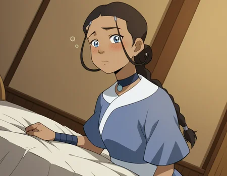 score_9, score_8_up, score_7_up, source_anime, <lora:katara-book2-ponyxl-lora-nochekaiser:1>, katara, long hair, blue eyes, brown hair, black hair, hair ornament, hairclip, braid, single braid, braided ponytail, dark skin, dark-skinned female, choker, short sleeves, robe, blue robe, sash,, indoors, bed, bed room, on side, blush, drunk, looking at viewer, solo, cowboy shot, dutch angle