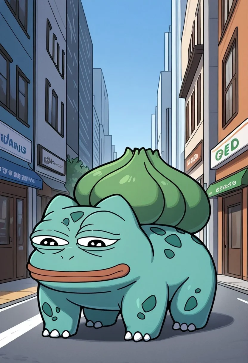 masterpiece,best quality,amazing quality,very aesthetic,pepe,a character from the Pokémon series. The subject is Bulbasaur,a Pokémon known for its green,bulbous body with darker green spots. Bulbasaur's body is squat and sturdy,with a large,green,leaf-like growth on its back. The creature's face is particularly notable,as it appears to be expressing a sad or contemplative expression,with droopy eyes and a downturned mouth. The background features a simple,stylized cityscape with blue and white horizontal lines,suggesting a modern,urban environment. The character is standing on a ground that appears to be a mix of brown and orange,possibly representing a street or sidewalk. The overall color palette is bright and vibrant,typical of the Pokémon series' aesthetic. The lines are clean and bold,characteristic of digital animation,with a smooth shading effect giving the character a three-dimensional appearance. The scene is reminiscent of the Pokémon anime,with the character's expression and setting suggesting a moment of introspection or melancholy.,