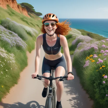 <lora:sophie-molgrin_xl:0.75> sophie-molgrin taking a scenic bicycle ride along a coastal path. Sheâs wearing a comfortable athletic outfit, with a helmet and sunglasses. The backdrop includes a beautiful ocean view and the path lined with wildflowers. Her expression is joyful and invigorated by the fresh sea air.