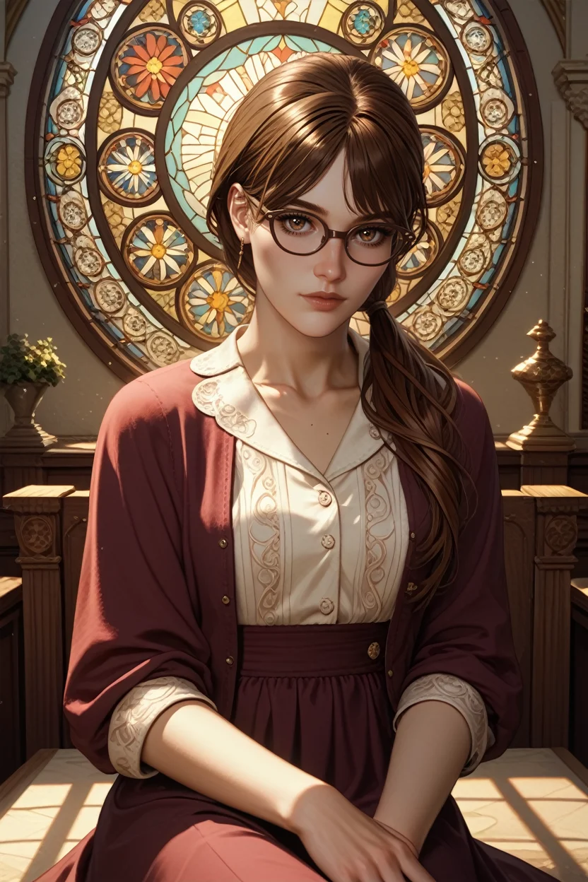 score_9, score_8_up, score_7_up,
<lora:TEWTatiana:0.8>
TEWTatiana, 1girl, brown hair, long hair, ponytail, bangs, brown eyes, glasses, looking at viewer, Art Nouveau café, ornate furniture, stained glass, soft natural sunlight, sitting