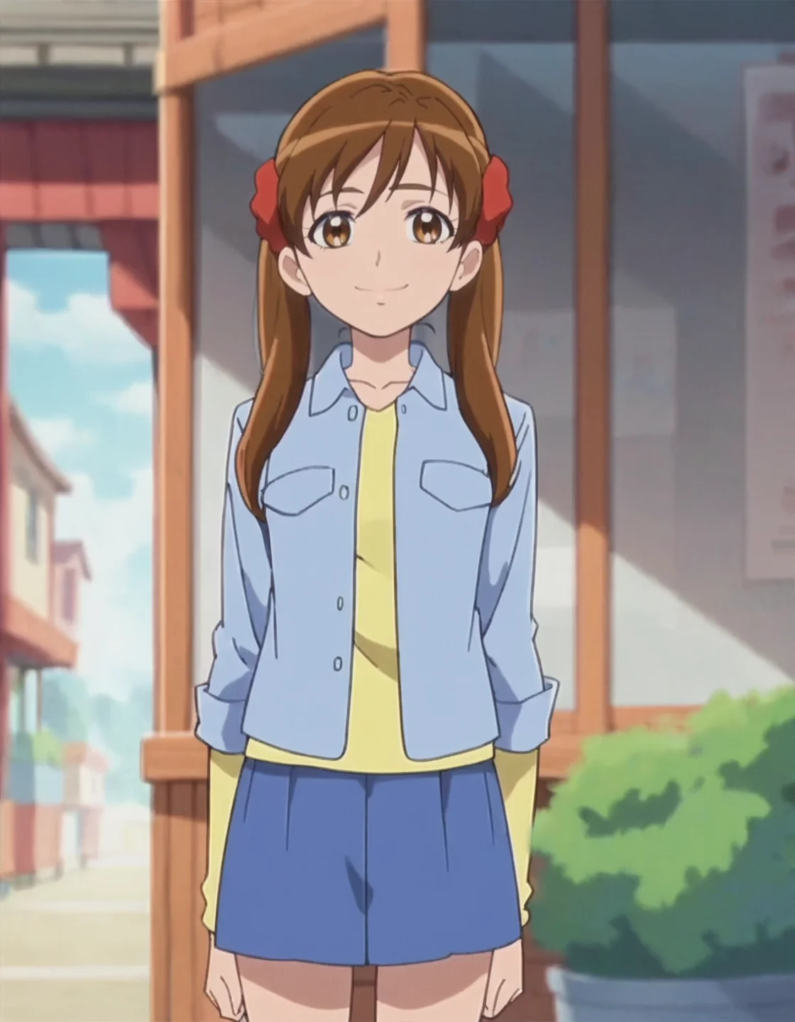 score_9, score_8_up, score_7_up,anime screencap,1girl,solo,sakagamiayumi, skirt, looking at viewer, smile, blue skirt, long sleeves,yellow shirt,blue jacket, medium breasts,cowboy shot<lora:sakagamiayumi:0.8>