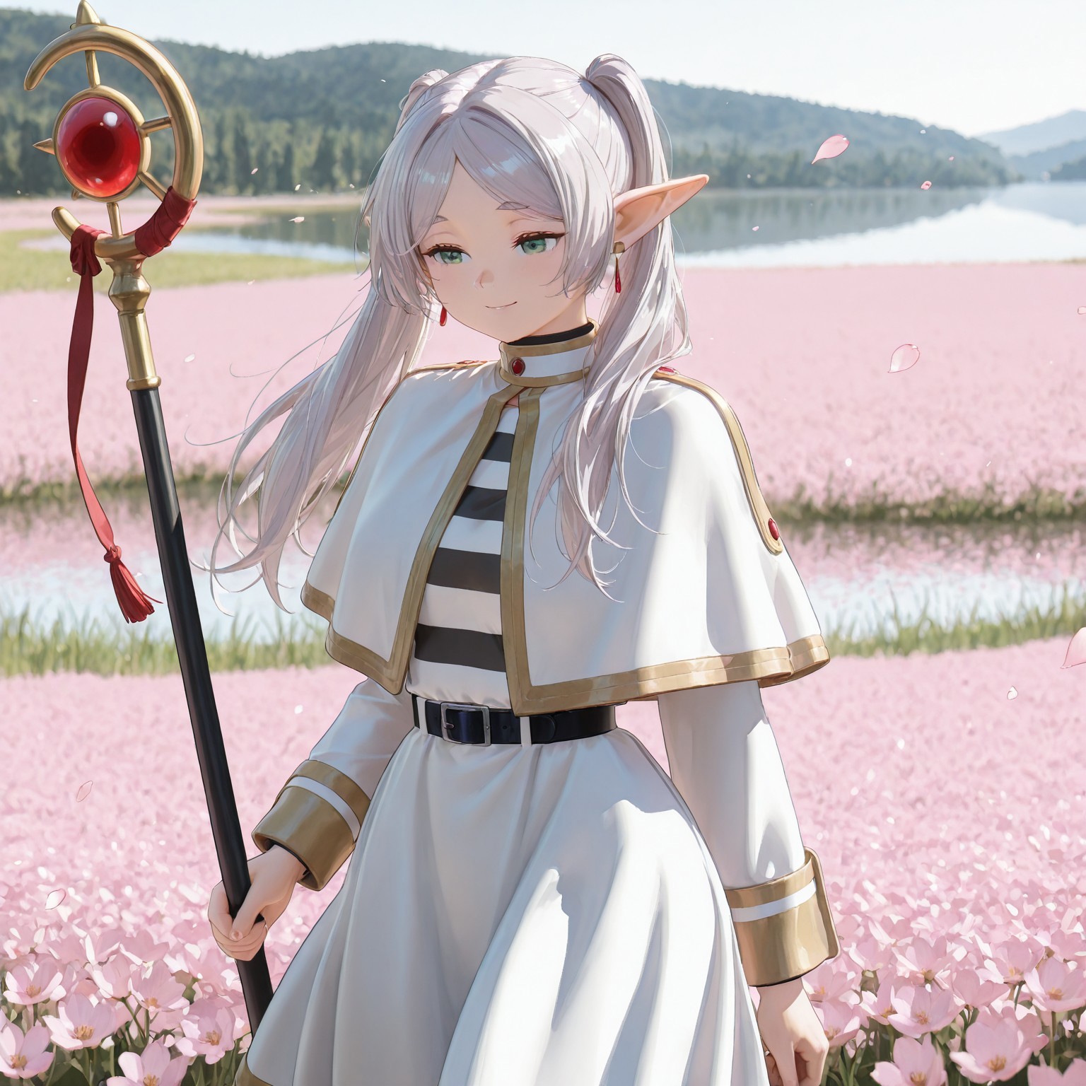 masterpiece,best quality,amazing quality,solo, 1girl, grey hair, long hair, green eyes, twintails, parted bangs, earrings, pointy ears,FrierenCasual, striped shirt, white capelet, black belt, white skirt, long sleeves, black pantyhose,cute,field,lake on background,flower petals,sakura,wind,holding staff,gentle smile,volumetric lighting,ovstyle