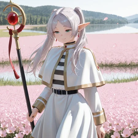 masterpiece,best quality,amazing quality,solo, 1girl, grey hair, long hair, green eyes, twintails, parted bangs, earrings, pointy ears,FrierenCasual, striped shirt, white capelet, black belt, white skirt, long sleeves, black pantyhose,cute,field,lake on background,flower petals,sakura,wind,holding staff,gentle smile,volumetric lighting,ovstyle