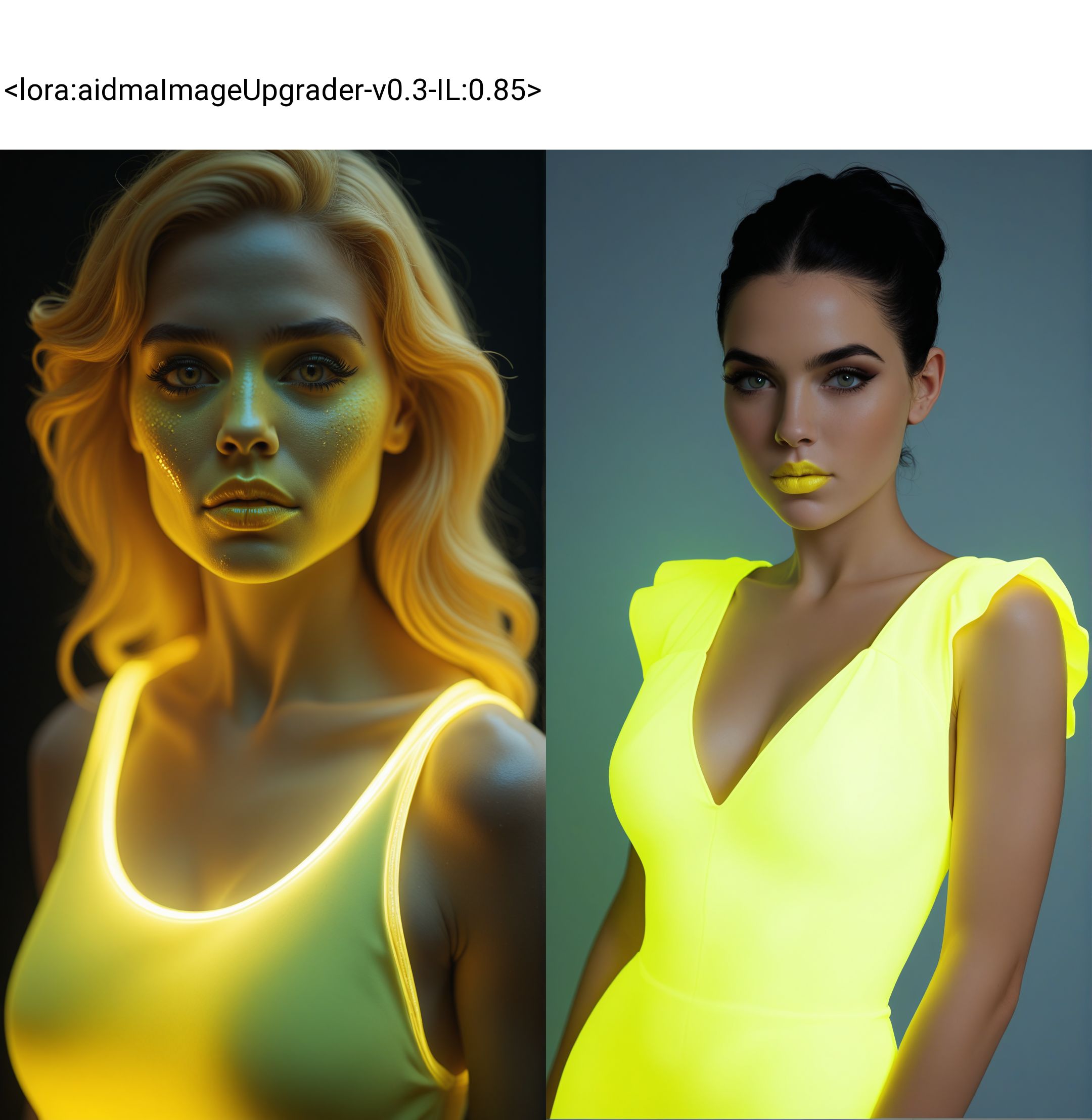 bioluminescent upper body portrait,1girl,glowing neon yellow dress,glowing neon yellow lipstick,glowing makeup, 
, aidmaimageupgrader  <lora:aidmaImageUpgrader-v0.3-IL:0.85>