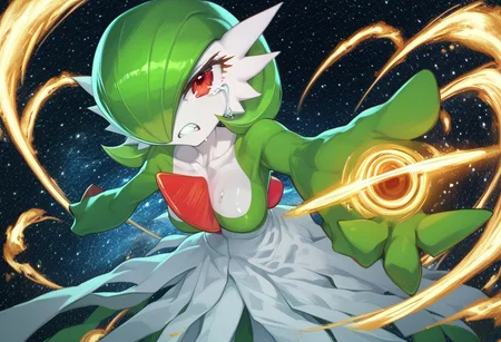 score_9, score_8_up, score_7_up, score_6_up, (lhata4564), 
digital artwork, highly detailed, sharp focus, 
1girl, Gardevoir, pokemon (creature), solo,
white skin, short hair, red eyes, white dress, red crest on chest, green sleeves, shiny,
crying, intense expression, snarling,
black hole, black hole in hand, holding black hole, combat stance,
looking at viewer,
(space) detailed background, space background, black hole in the background,
