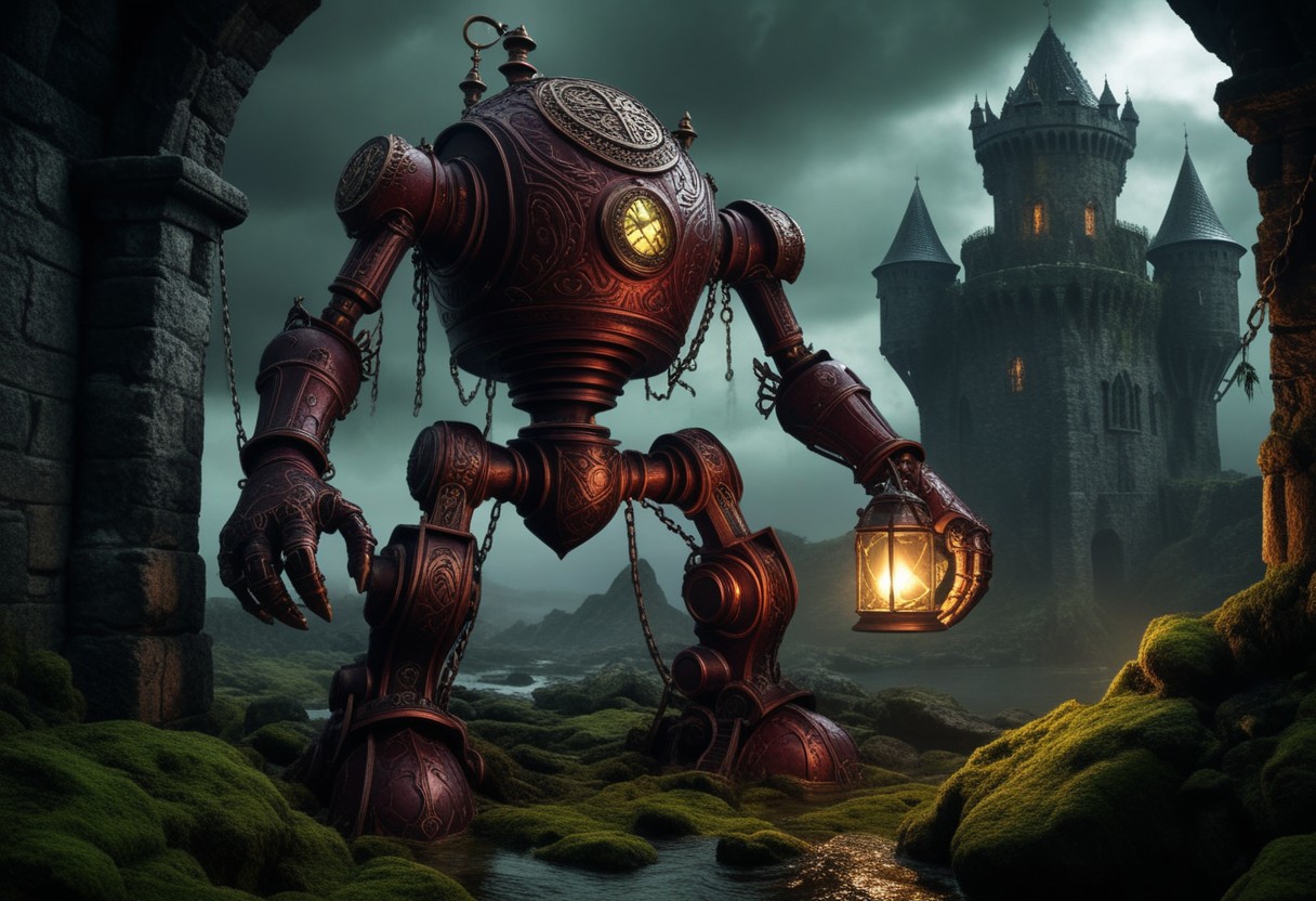 giant bipedal robot dirty dark red and dark green, bronze paisley robot. lacy robot metal kettle head. outside of a steampunk keep. large detailed torso. dark image. one forty foot tall ancient robot with great arms and two heavy spring legs. dark foggy night background. $dark foggy night image only. dark photo realistic image. steampunk details. cogs, chains and pipes incorporated in the fantasy buildings. magic wizards tower in background. Dark swamp, moss, castle ruins, wizards tower. stormy dark night.  stormy sky.