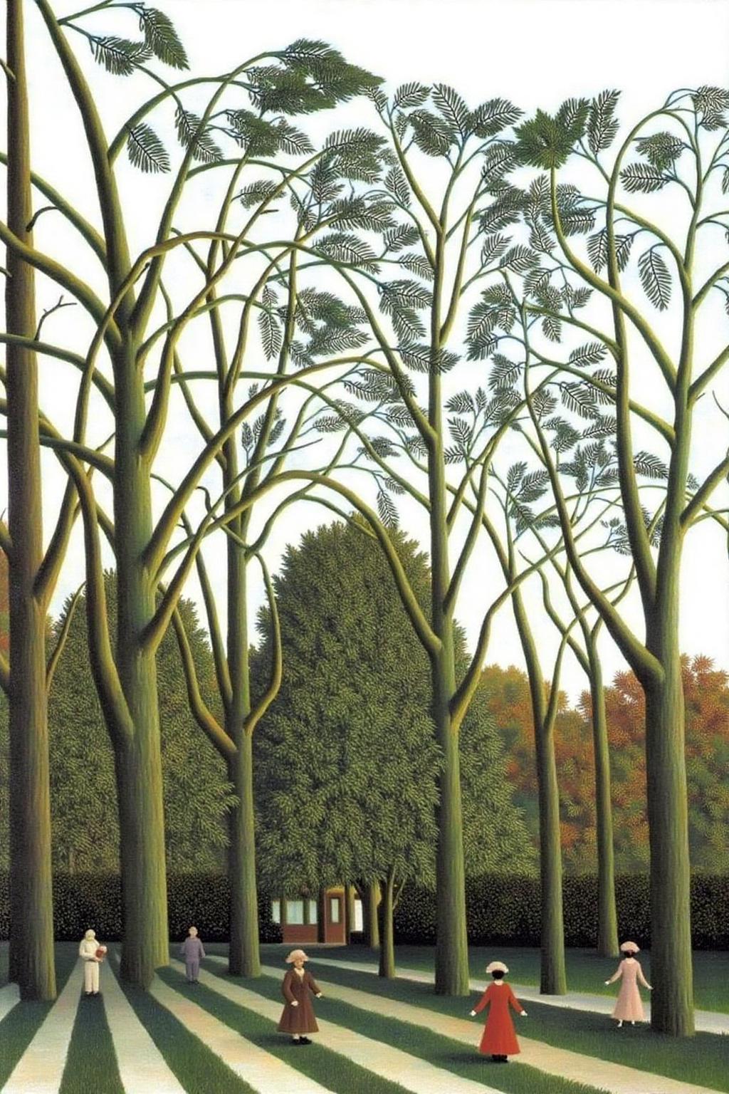 henrirousseau2 painting.
The scene features a path flanked by tall, slender trees with gnarled trunks and sparse, elongated leaves in varying shades of green and brown. The trees lean towards the right, creating a sense of movement in the composition. Small figures are visible in the bottom right corner of the image. <lora:henrirousseau2_cap_d6a3:1.0><lora:834015909669725218:0>