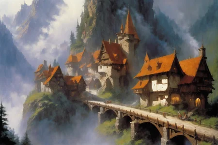 <lora:John Berkey Style:1> John Berkey Style page, mediaeval town, timber-frame houses, mountains, forest, castle, bridges, fog, smoke, (masterpiece:1.2), best quality