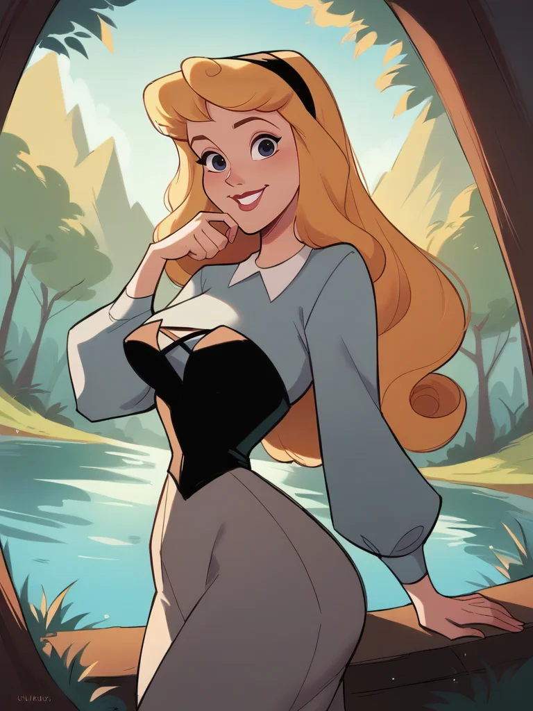 score_9, score_8_up, score_7_up, score_6_up, AuroraXLP, grey dress, black corset, black hairband, long sleeves, purple eyes, sexually suggestive, nsfw, medium breasts, narrow waist, wide hips, thick thighs, looking at viewer, cowboy shot, cartoon, dynamic pose, smile, cute, wide shot, solo, chinese temple, forest, lake, magic vibe, disney, dutch angle, from side, 
 <lora:AuroraXLP_character:1>