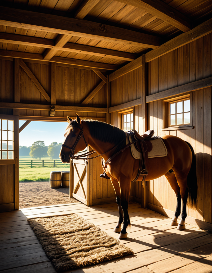 A rustic horse stable in the countryside, built with aged wooden beams and stone foundations, bathed in warm golden sunlight. The stable doors are slightly open, revealing the soft hay-covered floor inside. Horses stand calmly in their stalls, their glossy coats catching the light. Dust particles float in the air, illuminated by the sunbeams filtering through the gaps in the wooden planks. The atmosphere is serene, with a vintage, timeless feel. Weathered saddles and bridles hang neatly on the stable walls, and an old wooden cart sits nearby. The background features rolling green fields and a clear blue sky, creating a peaceful rural setting. Ultra-detailed, photorealistic, warm tones, cinematic lighting, sharp textures.
<lora:SDXLFaeTastic2400:0.4> <lora:extremely_detailed:0.4> extremely detailed,<lora:rustic_horse_st4bl3:1>,rustic horse st4bl3, Masterpiece,best quality,hi res,8k,hi res,8k,award winning,(sharp focus, intricate, highly detailed),