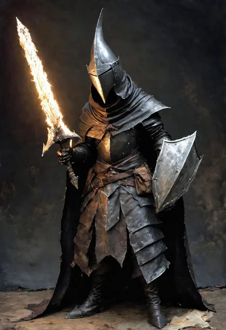 videogame art of profane (((Abyss Watchers)))
wearing (ragged, brigand, holding a giant metal flame shaped sword, leather tunic, metal plates and cloth, pointy shaped helmet, sewn together), gothic, legion, by Jean-Baptiste Monge and Nicola Samori, Nazgul from lord of the rings, coif leather, holding a parchment script scroll