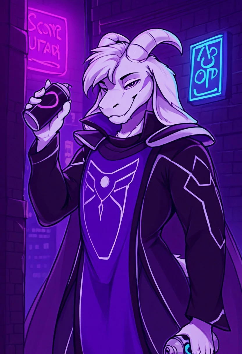 score_9, score_8_up, score_7_up, dynamic, colour theory, source_furry, neon palette, by darkgem, neon trim
[Break]
asrielIL, 1boy, animal ears, purple cape, furry, purple tabard, furry male, horns, goat boy, white horns, black jacket
[Break]
nighttime, city alleyway, night time, city, dark alleyway, city alley, alley, dark alley, trashcan, dumpster, dull neon lights, dull lights
[Break]
spraypainting wall, graffitiing, holding spray can, looking at viewer, smiling at viewer 
[Break]
level, waist up, close up