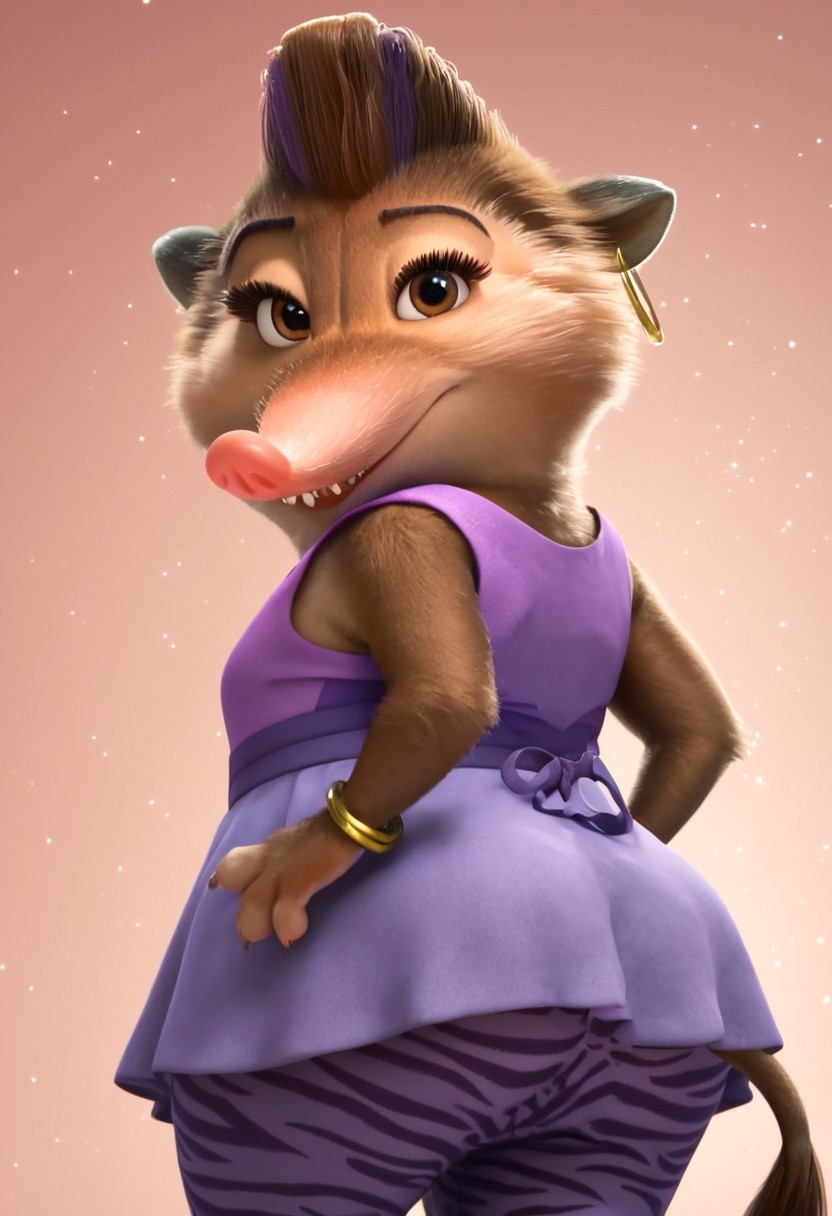charisma_z+casual, furry, anthro, female arctic shrew, short brown hair, mohawk (one purple hair streak), tan golden-brown fur, long pink nose, big eyelashes, golden-brown eyes, golden-brown hands (four fingers), short claws, brown-gray feet, brown tail, sleeveless purple dress (light purple on front, dark purple on back), purple pants (zebra patterns), ears golden earrings (golden hoop rings), gold bracelet on right arm, score_8_up, score_7_up, BREAK, 1girl, solo, from behind, looking back, from below, low-angle shot, portrait, head tilt, looking at viewer, detailed background, 4k, masterpiece, best quality, highly detailed, realistic, 3d, Expressiveh