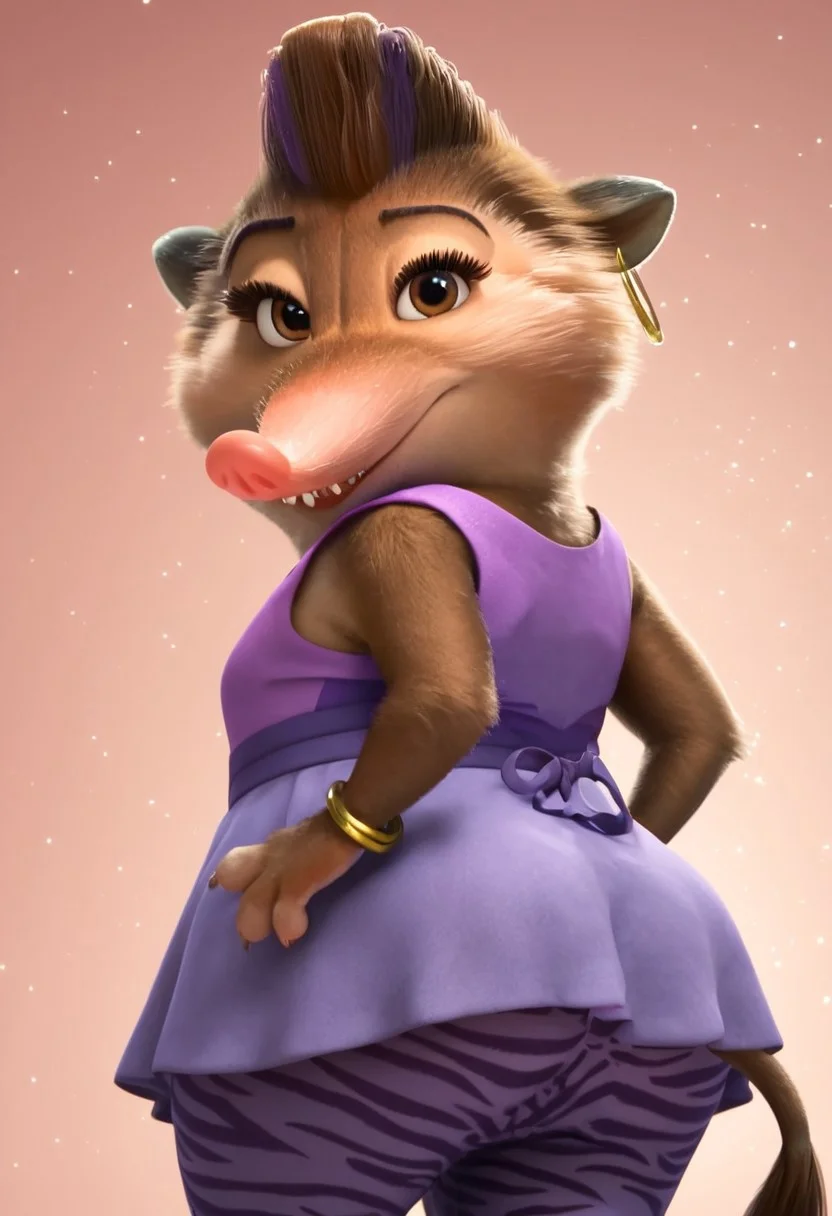 charisma_z+casual, furry, anthro, female arctic shrew, short brown hair, mohawk (one purple hair streak), tan golden-brown fur, long pink nose, big eyelashes, golden-brown eyes, golden-brown hands (four fingers), short claws, brown-gray feet, brown tail, sleeveless purple dress (light purple on front, dark purple on back), purple pants (zebra patterns), ears golden earrings (golden hoop rings), gold bracelet on right arm, score_8_up, score_7_up, BREAK, 1girl, solo, from behind, looking back, from below, low-angle shot, portrait, head tilt, looking at viewer, detailed background, 4k, masterpiece, best quality, highly detailed, realistic, 3d, Expressiveh