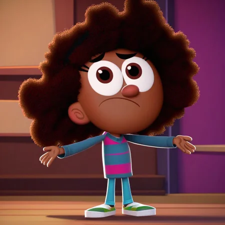 score_9, masterpiece, 1girl, Solo, female focus, Hazel_FOP, brown skin, brown eyes, dark brown hair, voluminous curly hair, blue sweater with pink stripes, blue pants, green sneakers, big eyes, cute, short stature, standing, cowboy shot, room background, looking at viewer, perfect eyes, full body