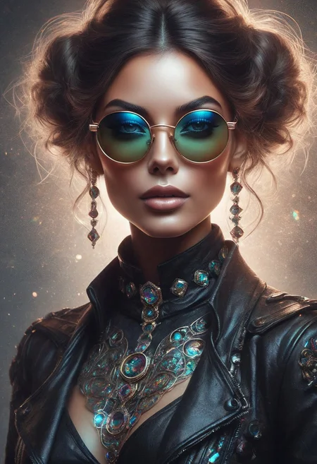 double exposure, enys guerrero art style portrait of a Fantasy hyper detailed steampunkschloss beautiful ultra Realistic, gorgeous boujie female, skull, colorful bismuth sparkles, hyper detailed Kaleidoscope sunglasses , in the style of tom wood, charlie bowater, Bing AI , Dall-e3 , Chat GPT 4, centered composition, super sharp focus, rule of thirds,, (gothic style:1.2) . mysterious, haunting, dramatic, (minimal, ornate), aesthetic, eerily beautiful, dark surrealism, best quality, hyperrealistic art, cinematic film grain, high angle shot, natural texture.
