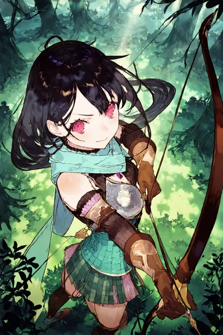 best quality,masterpiece,
noco_(adamas),yoneyema_mai,atelier firis,  liane mistlud, 1girl, solo,
standing,draw a bow,

looking forward,,gaze,(angry:0.7),
closed mouth,
upper body,ultrawide,perspective,from above,
forest,sunlight,god rays,
firing a bow,dynamic pose, foreshortening, extreme perspective