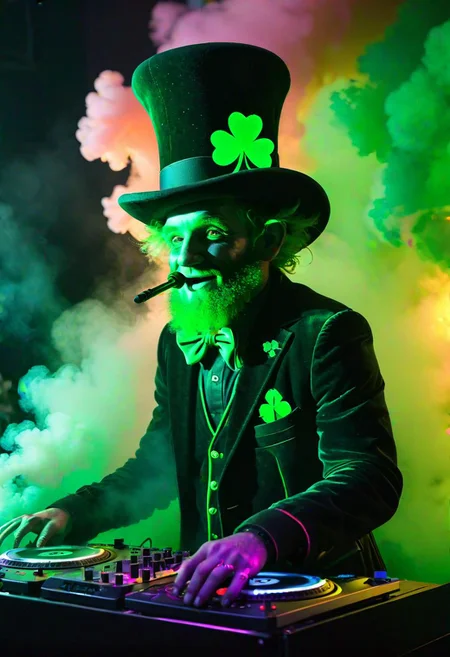 photorealistic, leprechaun silhouette, neon-lit DJ booth, billowing smoke machine,  crowd of festival-goers in wild costumes and makeup, giant four-leaf clover emblem on DJ decks, swirling rainbow lights, hyper-realistic texture