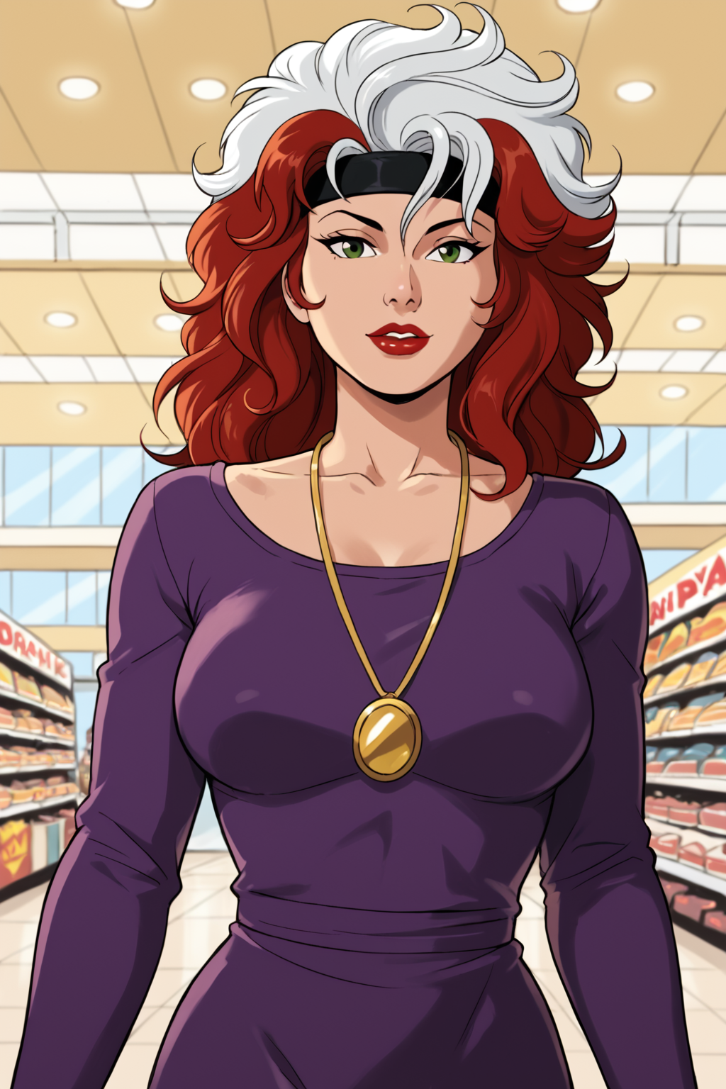 PonyXLV6_Scores BREAK (retro artstyle, 1980s (style), parody, perfect anatomy, perfect eyes, cowboy shot), <lora:add_details_xl:1> BREAK BREAK <lora:Rogue92:0.8> anne marie, multicolored hair, two-tone hair, red hair, white hair, green eyes, lipstick, red lips, flirting, raised eyebrow, ((looking at viewer)), headband, necklace, pendant, purple dress, long sleeves, large breasts, curvy, toned, athletic, model pose, arched back, shopping mall, indoors