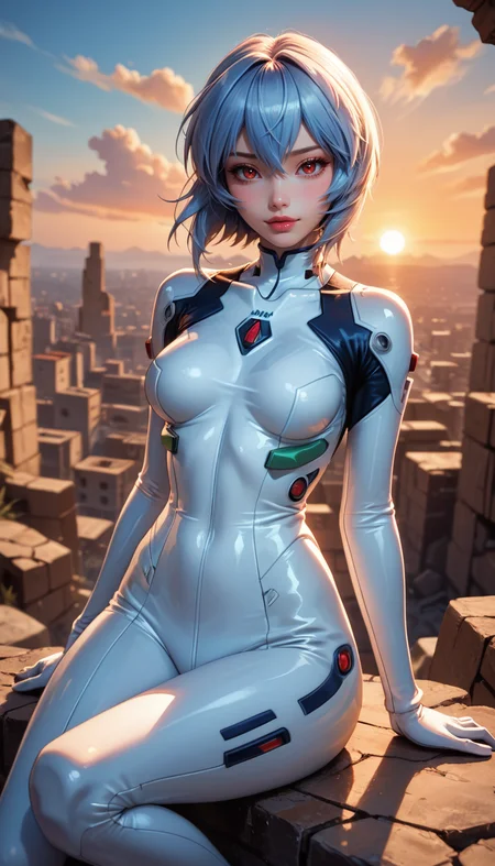 score_9, score_8_up, score_7_up, Full Body Shot, Ayanami Rei, cute, seductive, innocent, light smile:0.3, plump lips, slender body, red eyes, short light blue hair, floating hair, white plugsuit, sitting, sunset, rubble in the background, 4n1v3rs3, depth of field, dynamic angle, fashion photography, sharp, hyperdetailed:1.15