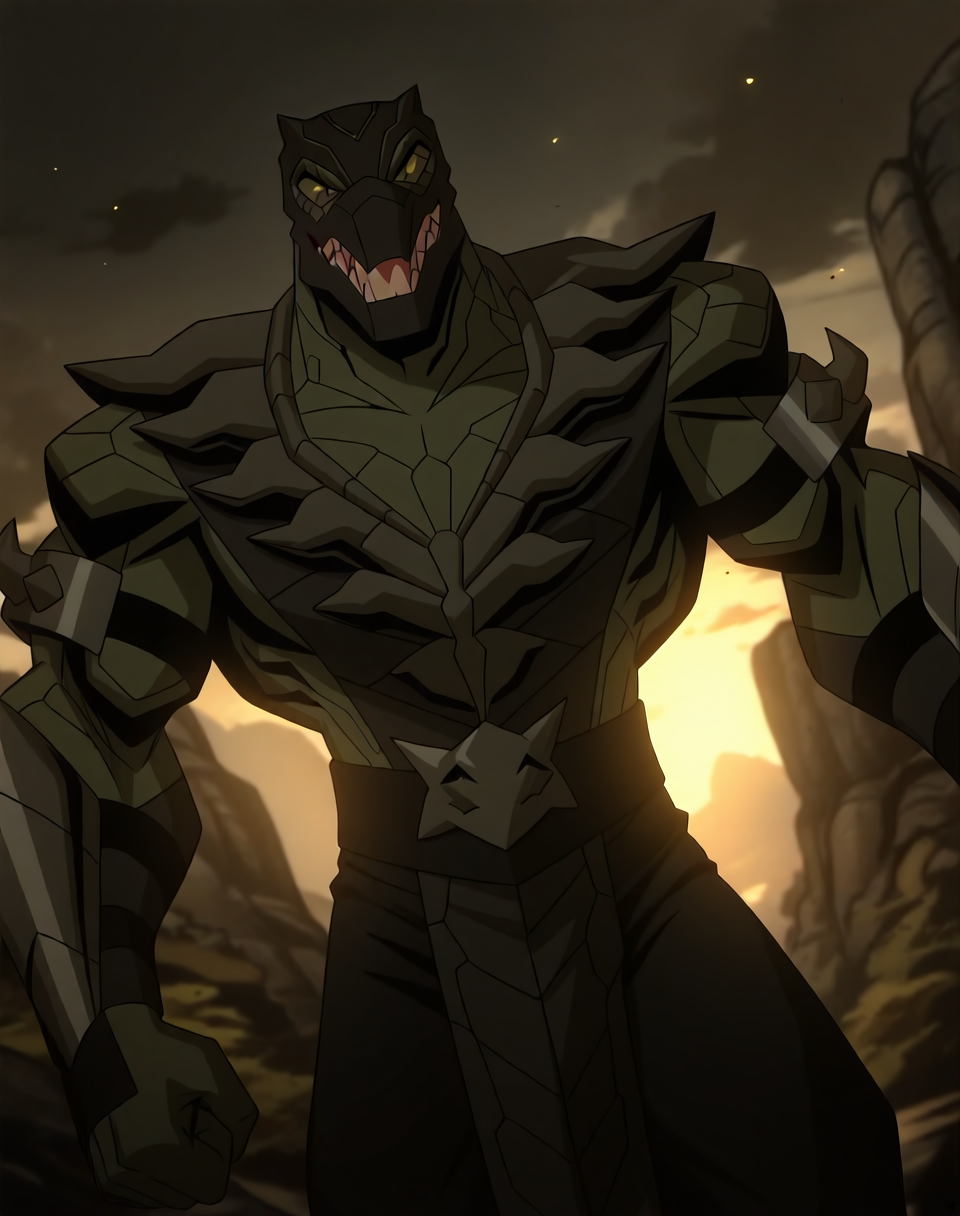 <lora:Reptile_(Mortal_Kombat_Legends_Scorpion's_Revenge)_(Illustrious)_(AD):1.35> Reptile_MK, muscular, Mortal Kombat, 
dutch angle, exterior, monumental architecture, wasteland, dark night sky with black clouds, mountains, ancient Asian stone ruins, 
male focus, gradient coloring, villain, cowboy shot, white teeth, 
BREAK very awe, aesthetically pleasing, masterpiece, best quality, amazing quality, very aesthetic, perfect depth of field shot, in'ei, source_furry, furry_art, 
Smooth Quality, lazympos, IllustQualXL_Pos,