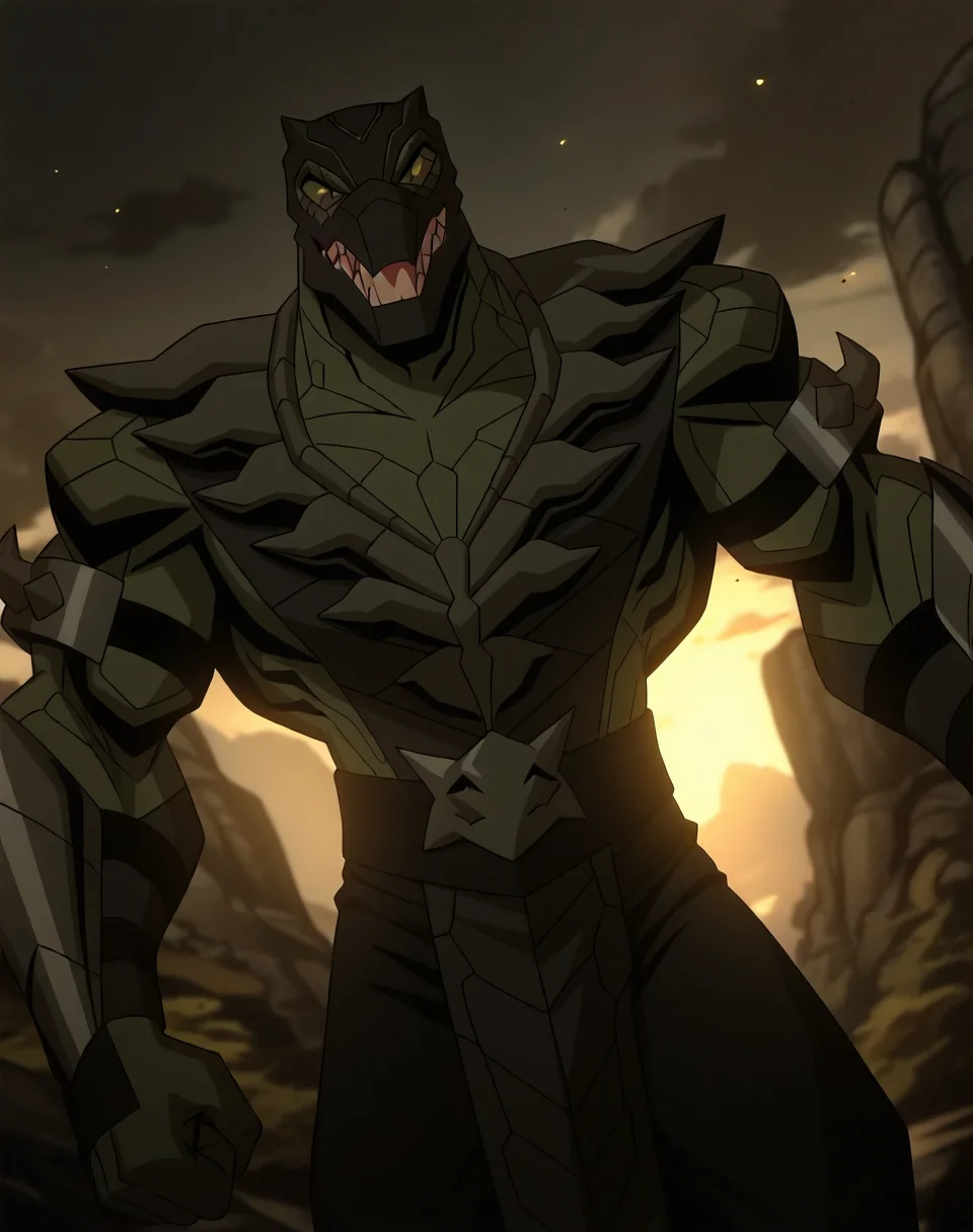 <lora:Reptile_(Mortal_Kombat_Legends_Scorpion's_Revenge)_(Illustrious)_(AD):1.35> Reptile_MK, muscular, Mortal Kombat,
dutch angle, exterior, monumental architecture, wasteland, dark night sky with black clouds, mountains, ancient Asian stone ruins,
male focus, gradient coloring, villain, cowboy shot, white teeth,
BREAK very awe, aesthetically pleasing, masterpiece, best quality, amazing quality, very aesthetic, perfect depth of field shot, in'ei, source_furry, furry_art,
Smooth Quality, lazympos, IllustQualXL_Pos,