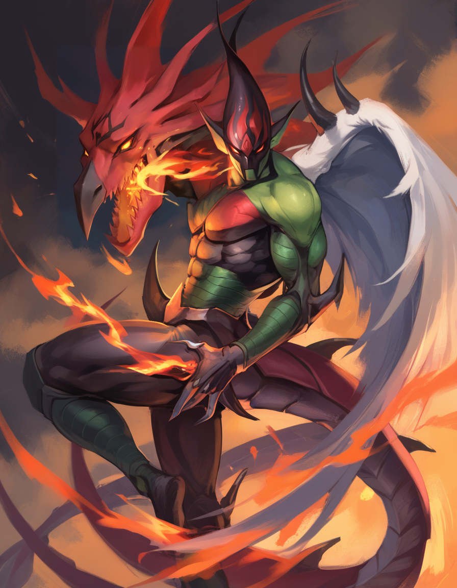 (score_9:0.9),score_8_up,score_7_up,(zPDXL3),(zPDXL),
<lora:E hero flame wingman ponyXL v1.1:0.85>,elemental hero flame wingman,1boy,male focus,glowing eyes,solo,fire,demon boy,looking back,from side,white wing,no mouth,