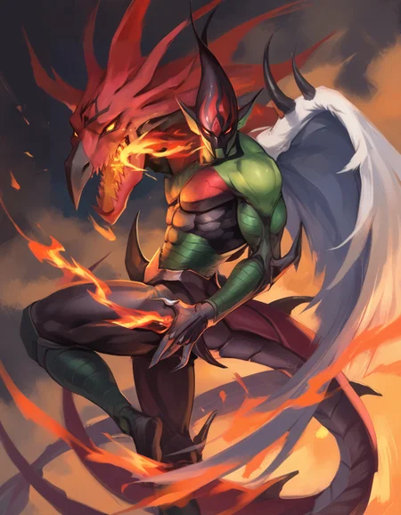 (score_9:0.9),score_8_up,score_7_up,(zPDXL3),(zPDXL),
<lora:E hero flame wingman ponyXL v1.1:0.85>,elemental hero flame wingman,1boy,male focus,glowing eyes,solo,fire,demon boy,looking back,from side,white wing,no mouth,