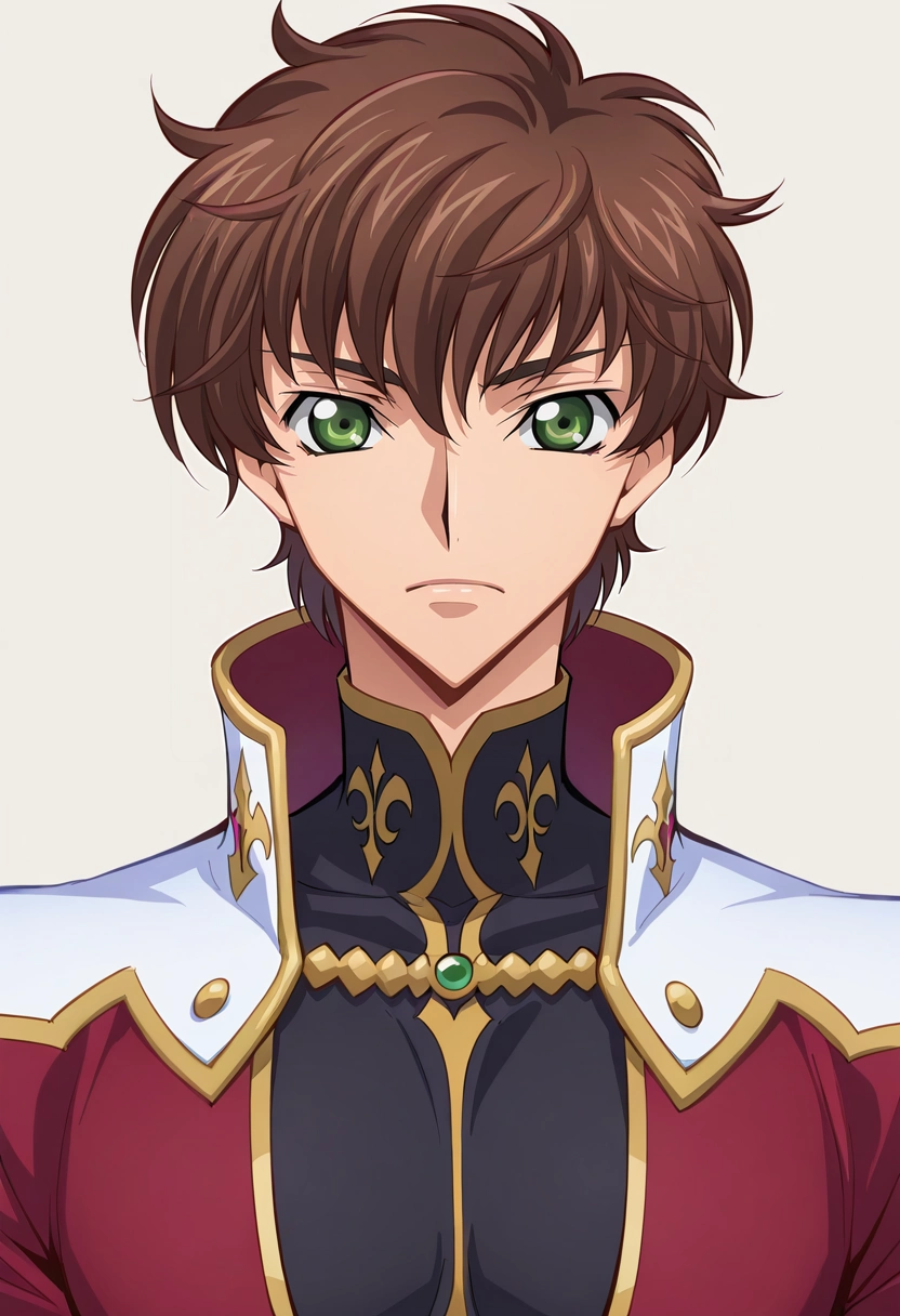 masterpiece, best quality, intricate details, , looking at viewer, 1boy, solo, male focus, <lora:suzaku_kururugi_ilxl:1>, suzaku_kururugi, brown hair, green eyes, , ,