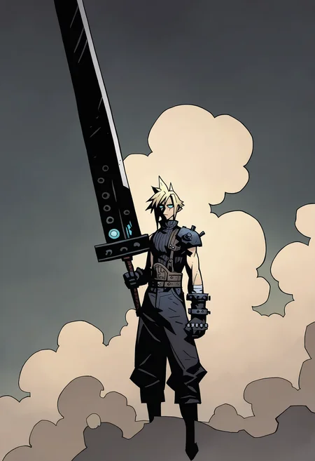 1boy, solo, cloud strife, holding sword, huge weapon, 
masterpiece, best quality, <lora:Mike_Mignola-guy90-Illust-Lycorisv1:1> alomik