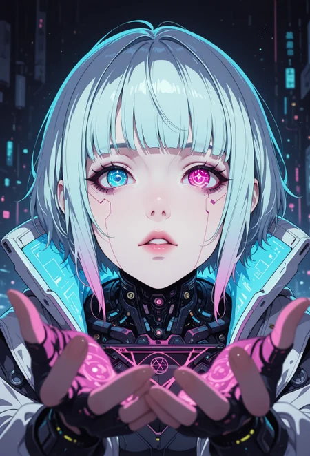 <lora:ck-nc-cyberpunk-IL-000011:0.33>,  masterpiece, best quality, good quality, very aesthetic, absurdres, newest, 8K, depth of field, focused subject, dynamic ange, white pale ceramic wabi-sabi cyberpunk (woman:0.6), looking mysteriously at the viewer, parted lips, direct eye contact. holographic reflections of a (pentagram) in their eyes, (bioluminecent glow:0.8),
in the style of cknc,
<lora:MoriiMee_Gothic_Niji_Style_Illustrious_r1:0.2>
<lora:ck-neon-retrowave-IL:0.60>
<lora:ck-shadow-circuit-IL:0.55>
 <lora:ck-Sommo-Concept-Art-IL:0.4>