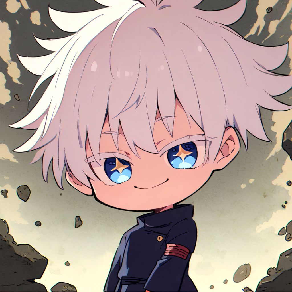 1 boy, gojou satoru, from jujutsu kaisen, chibi art style, anime, white hair, bright blue eyes, sparkling eyes, white eyelashes, smiling, detailed hair, detailed face, detailed eyes, detailed clothes, detailed skin, ultra-detailed, (full body), (upper body), (top quality), pop art, extremely detailed, extremely detailed CG, (high resolution), highly detailed, (high quality), (perfect quality), (g