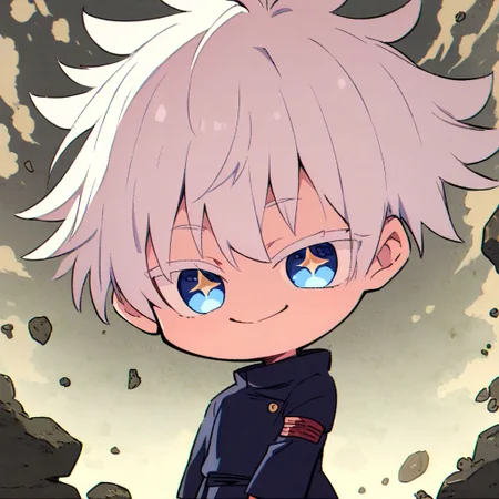1 boy, gojou satoru, from jujutsu kaisen, chibi art style, anime, white hair, bright blue eyes, sparkling eyes, white eyelashes, smiling, detailed hair, detailed face, detailed eyes, detailed clothes, detailed skin, ultra-detailed, (full body), (upper body), (top quality), pop art, extremely detailed, extremely detailed CG, (high resolution), highly detailed, (high quality), (perfect quality), (g